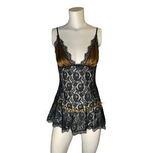 VTG Victorias Secret Black Lace & Gold Satin Babydoll Lingerie S Y2K 2000s